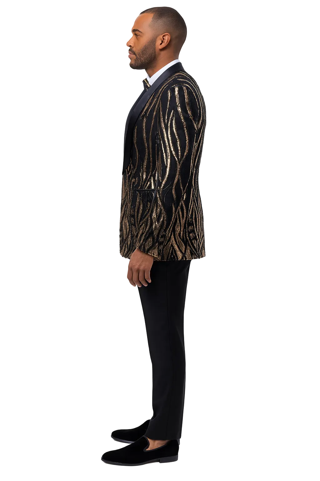 Black  Prom Tuxedo Suit - Black Wedding Suit - Mens Square Shawl Lapel Black & Gold Sequin Prom Tuxedo Jacket