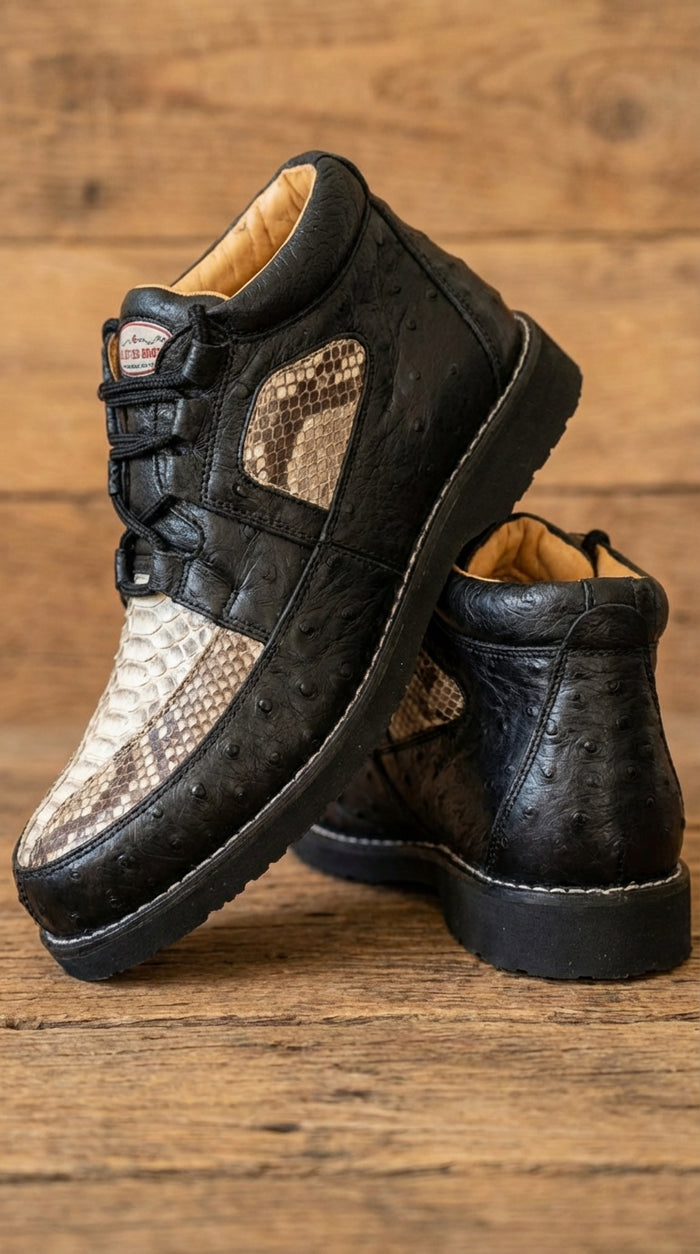 Men’s Black and Natural Exotic Alligator Crocodile Casual Shoes – Ostrich and Snakeskin Pattern Lace Up Dress Shoes - Boot By Los Altos
