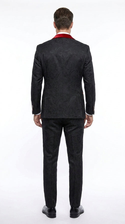 Men’s Black Paisley Tuxedo with Red Velvet Shawl Lapel – 3 Piece Wedding Prom Suit