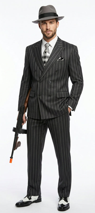 Mens Black Pinstripe AI Capone Suit – Vintage 1920s Gangster Style Three Piece Formal Suit