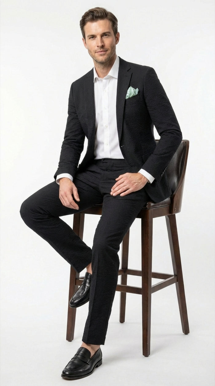 Mens Black Seersucker Suit – Shadow Ton on Ton Mini Textured Two Button Cotton Fabric Formal Summer Suit