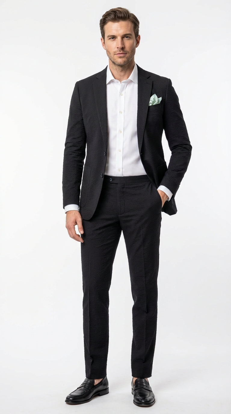 Mens Black Seersucker Suit – Shadow Ton on Ton Mini Textured Two Button Cotton Fabric Formal Summer Suit – SuitUSA