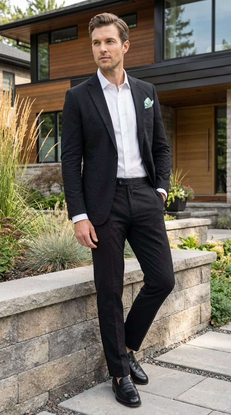 Mens Black Seersucker Suit – Shadow Ton on Ton Mini Textured Two Button Cotton Fabric Formal Summer Suit