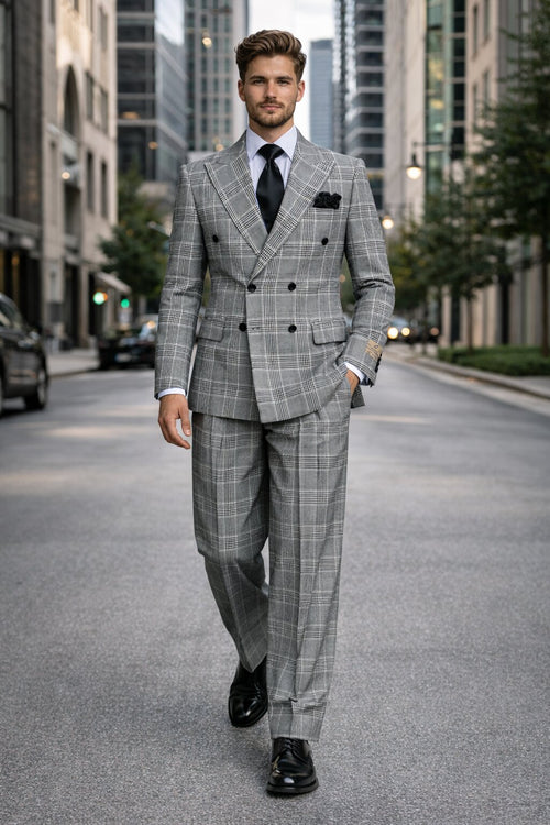 Suits With Baggy Pleated Pants - Wide Leg Pants 100% Wool - Classic Fit in Black and White Plaid Color by Rossiman USA Men's Outlet