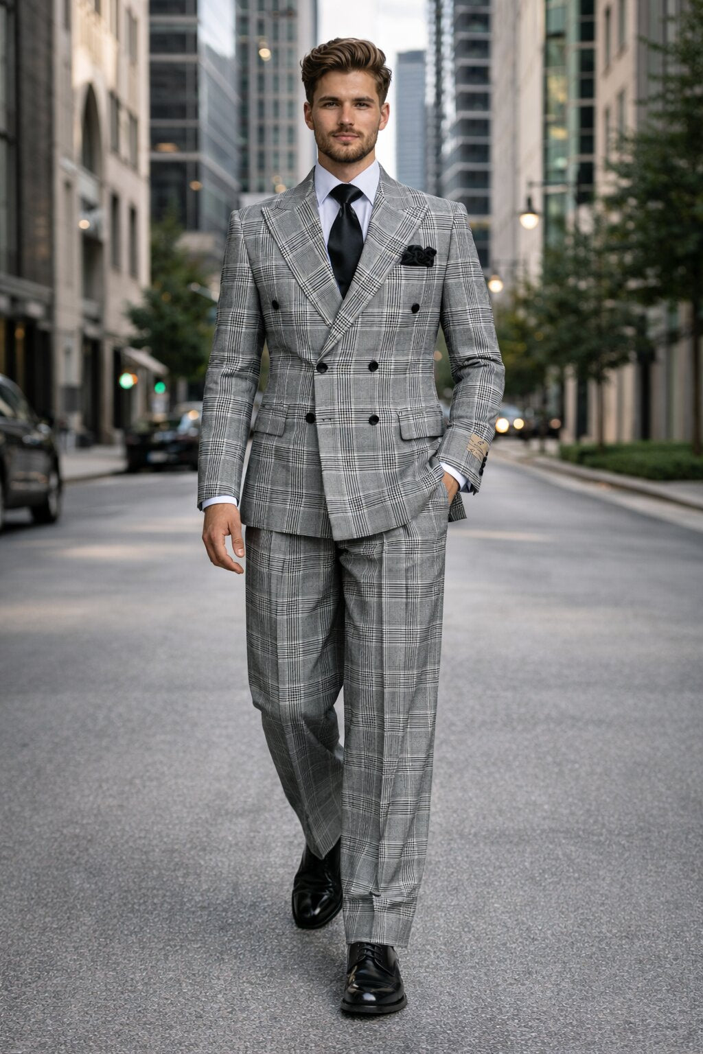 Suits With Baggy Pleated Pants - Wide Leg Pants 100% Wool - Classic Fit in Black and White Plaid Color by Rossiman USA Men's Outlet