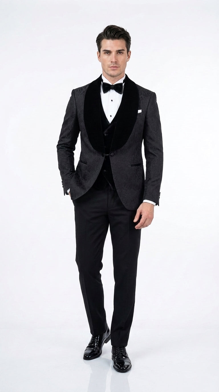 Men’s Black With Velvet collar 3 Piece Tuxedo Suit – Floral Jacquard Dinner Jacket with  Vest and Bowtie – SuitUSA