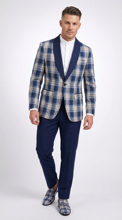 Mens Blue and White - Royal Plaid Tuxedo Suit Set – Checkered Prom Suit with Navy Pants Christmas Holiday New Year Jacket