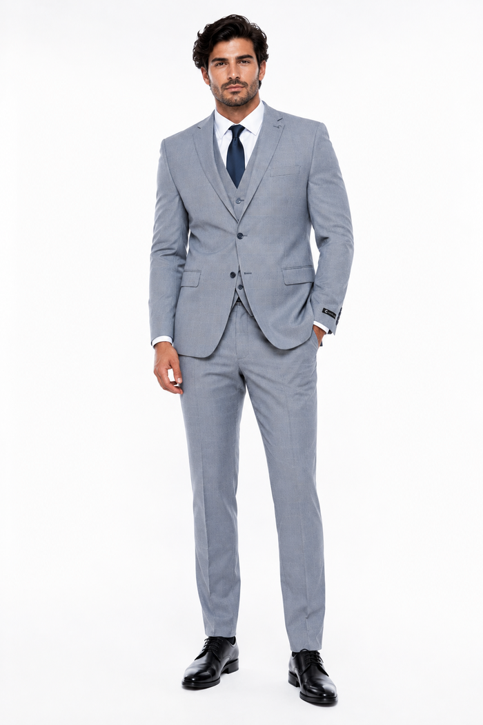 Men’s Blue Plaid 3-Piece Tailored Fit Suit with Vest