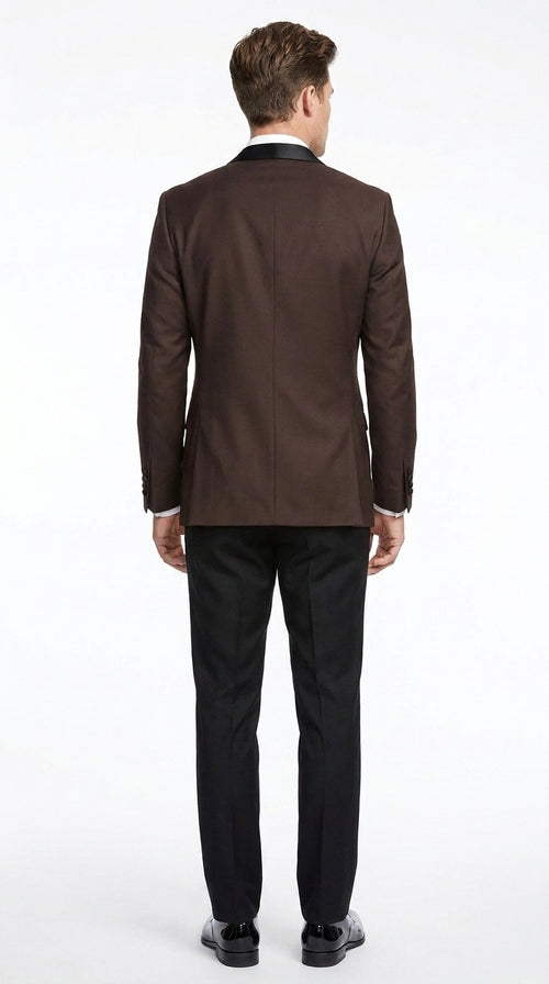 Mens Brown Dinner Jacket with Black Pants – Satin Lapel Tuxedo Suit for Weddings & Formal Events