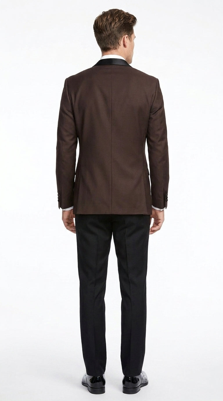 Mens Brown Dinner Jacket with Black Pants – Satin Lapel Tuxedo Suit for Weddings & Formal Events