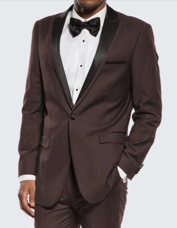 Mens Brown Dinner Jacket with Black Pants – Satin Lapel Tuxedo Suit for Weddings & Formal Events