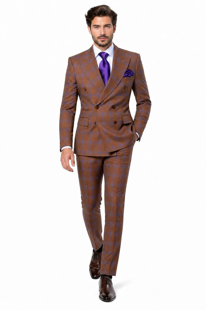 Men’s Brown Plaid Double-Breasted Suit – Premium 2-Piece Classic Checkered Windowpane Suit by Rossiman
