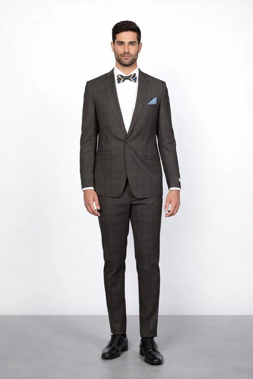 Men’s Brown Plaid Slim Fit Suit by Rossiman Rossi - Peak Lapel Jacket & Tapered Pants - Italian Tailored 3-Piece Classic Suit