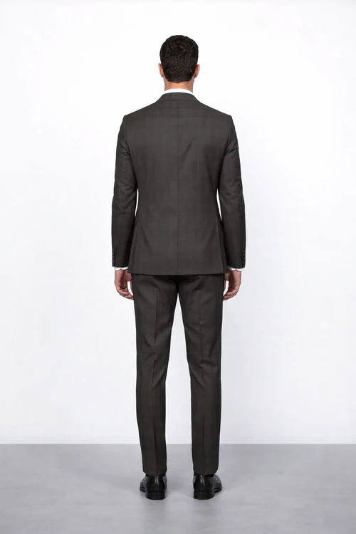 Men’s Brown Plaid Slim Fit Suit by Rossiman Rossi - Peak Lapel Jacket & Tapered Pants - Italian Tailored 3-Piece Classic Suit
