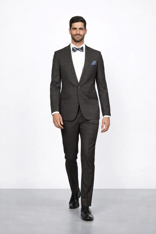 Men’s Brown Plaid Slim Fit Suit by Rossiman Rossi - Peak Lapel Jacket & Tapered Pants - Italian Tailored 3-Piece Classic Suit