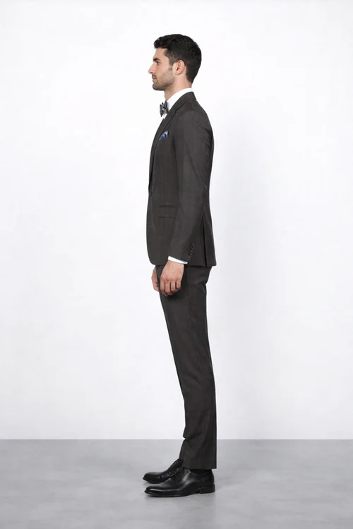 Men’s Brown Plaid Slim Fit Suit by Rossiman Rossi - Peak Lapel Jacket & Tapered Pants - Italian Tailored 3-Piece Classic Suit