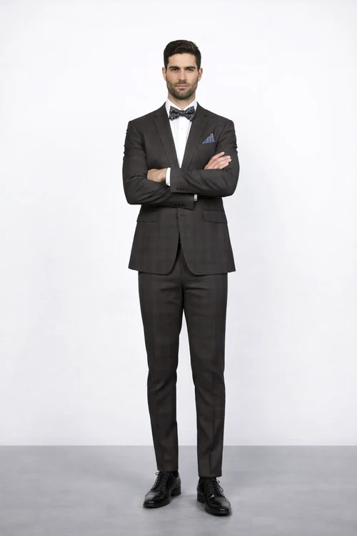 Men’s Brown Plaid Slim Fit Suit by Rossiman Rossi - Peak Lapel Jacket & Tapered Pants - Italian Tailored 3-Piece Classic Suit