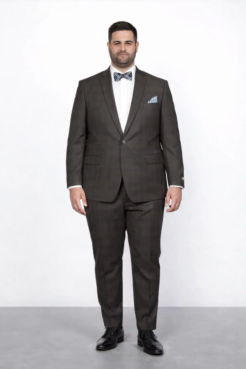 Men’s Brown Plaid Slim Fit Suit by Rossiman Rossi - Peak Lapel Jacket & Tapered Pants - Italian Tailored 3-Piece Classic Suit