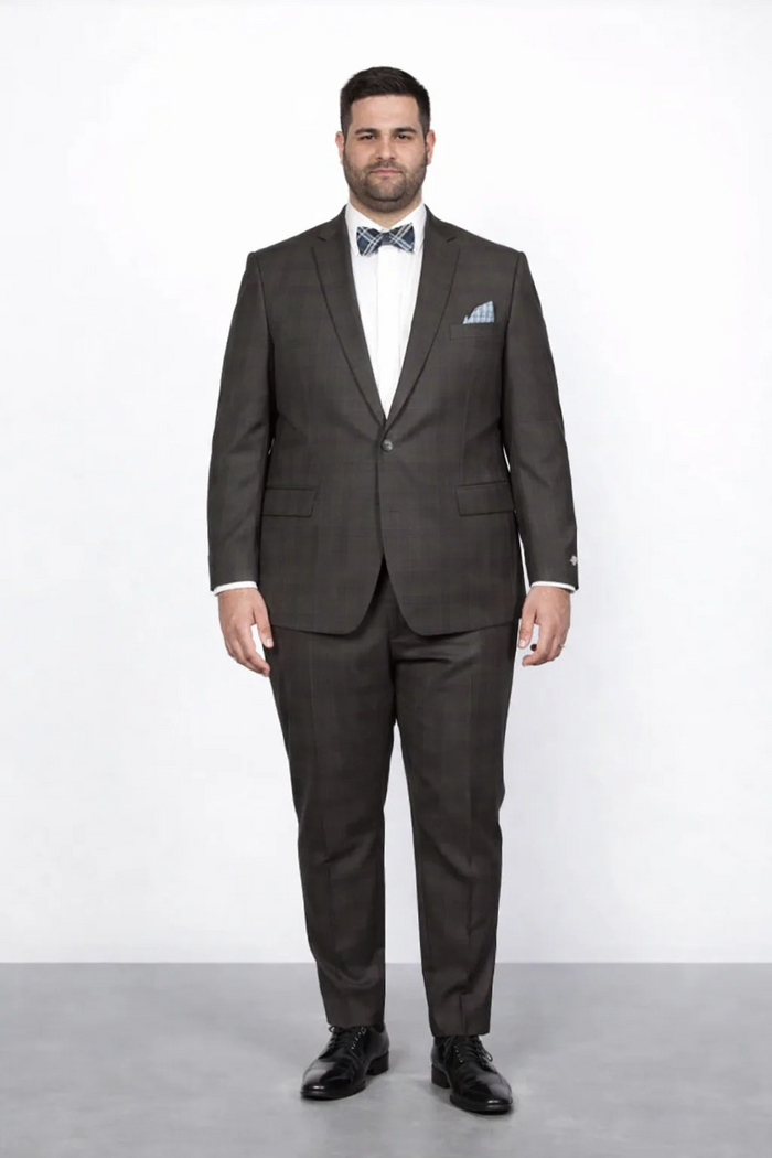 Men’s Brown Plaid Slim Fit Suit by Rossiman Rossi - Peak Lapel Jacket & Tapered Pants - Italian Tailored 3-Piece Classic Suit