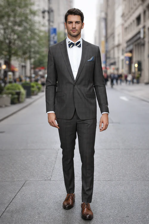 Men’s Brown Plaid Slim Fit Suit by Rossiman Rossi - Peak Lapel Jacket & Tapered Pants - Italian Tailored 3-Piece Classic Suit
