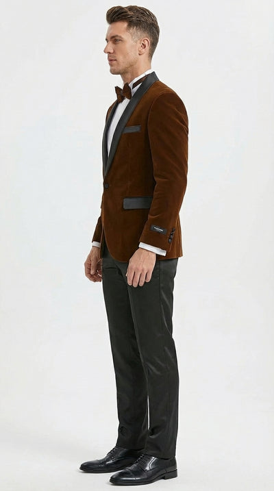 Mens Brown Velvet Tuxedo Jacket – Luxury Black Lapel Velvet Blazer for Wedding, Prom and Formal Events