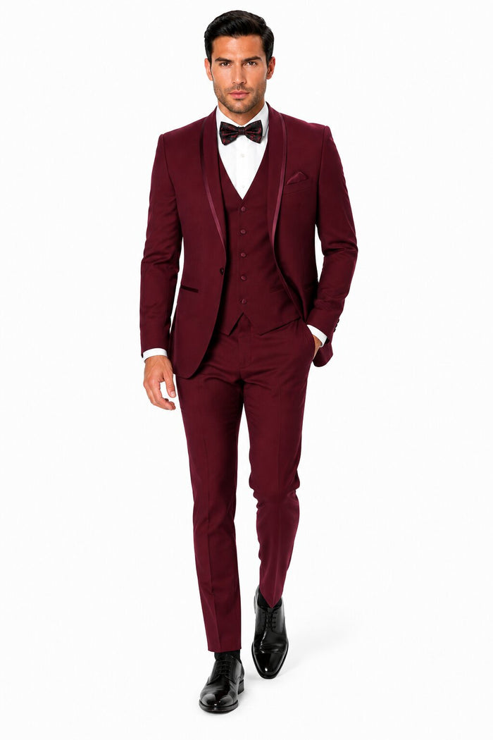 Maroon Prom Suit - Maroon Prom Tuxedo Suits - Maroon Wedding Tuxedo Mens One Button Satin Trim Shawl Tuxedo in Burgundy Wool by PROMTUXEDO