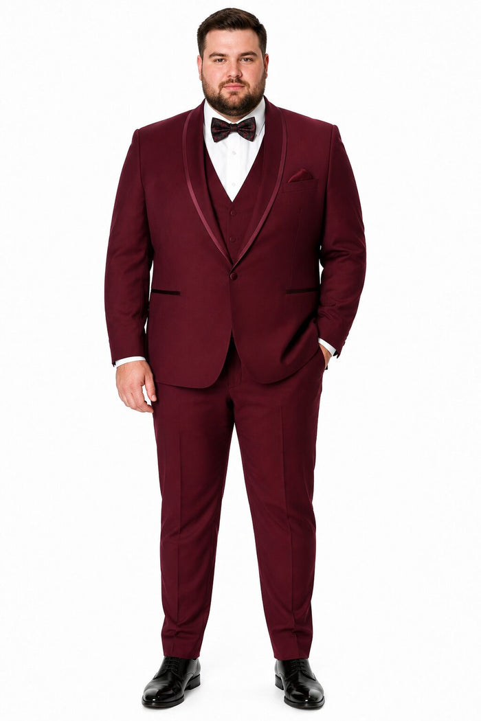 Maroon Prom Suit - Maroon Prom Tuxedo Suits - Maroon Wedding Tuxedo Mens One Button Satin Trim Shawl Tuxedo in Burgundy Wool by PROMTUXEDO