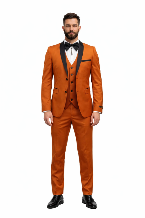 Men's Burnt Orange Tuxedo Suit - 3-Piece Slim Fit with Black Satin Shawl Lapel by USA Men's Outlet