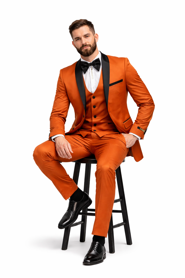 Men's Burnt Orange Tuxedo Suit - 3-Piece Slim Fit with Black Satin Shawl Lapel by USA Men's Outlet