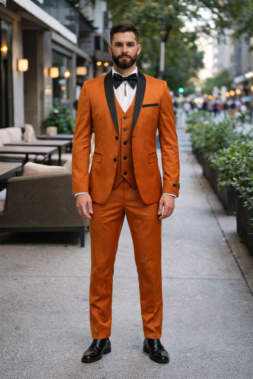 Men's Burnt Orange Tuxedo Suit - 3-Piece Slim Fit with Black Satin Shawl Lapel by USA Men's Outlet