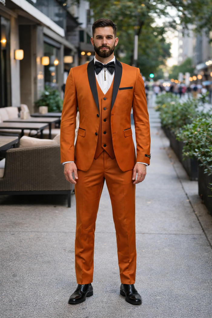Men's Burnt Orange Tuxedo Suit - 3-Piece Slim Fit with Black Satin Shawl Lapel by USA Men's Outlet