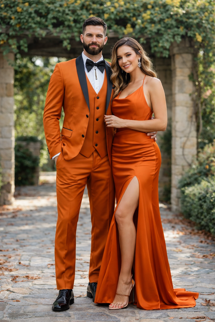 Men's Burnt Orange Tuxedo Suit - 3-Piece Slim Fit with Black Satin Shawl Lapel by USA Men's Outlet