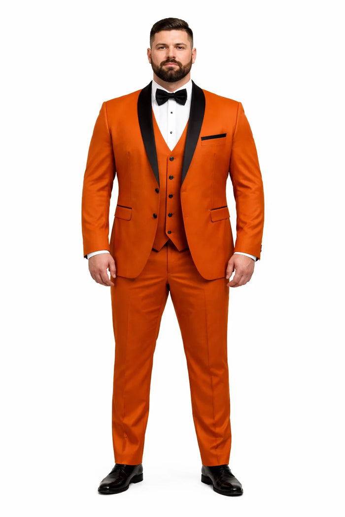 Men's Burnt Orange Tuxedo Suit - 3-Piece Slim Fit with Black Satin Shawl Lapel by USA Men's Outlet