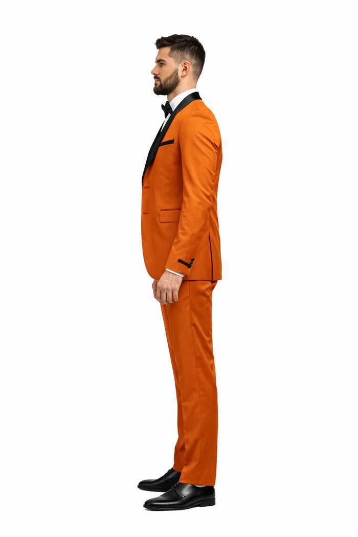 Men's Burnt Orange Tuxedo Suit - 3-Piece Slim Fit with Black Satin Shawl Lapel by USA Men's Outlet