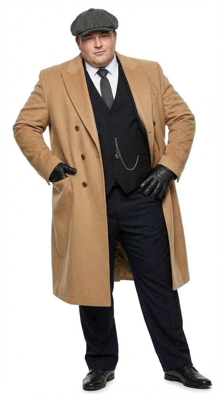 Mens Camel Brown Double Breasted Wool Overcoat + Suit – Peaky Blinders Inspired Vintage Long Trench Coat with Lapel Collar