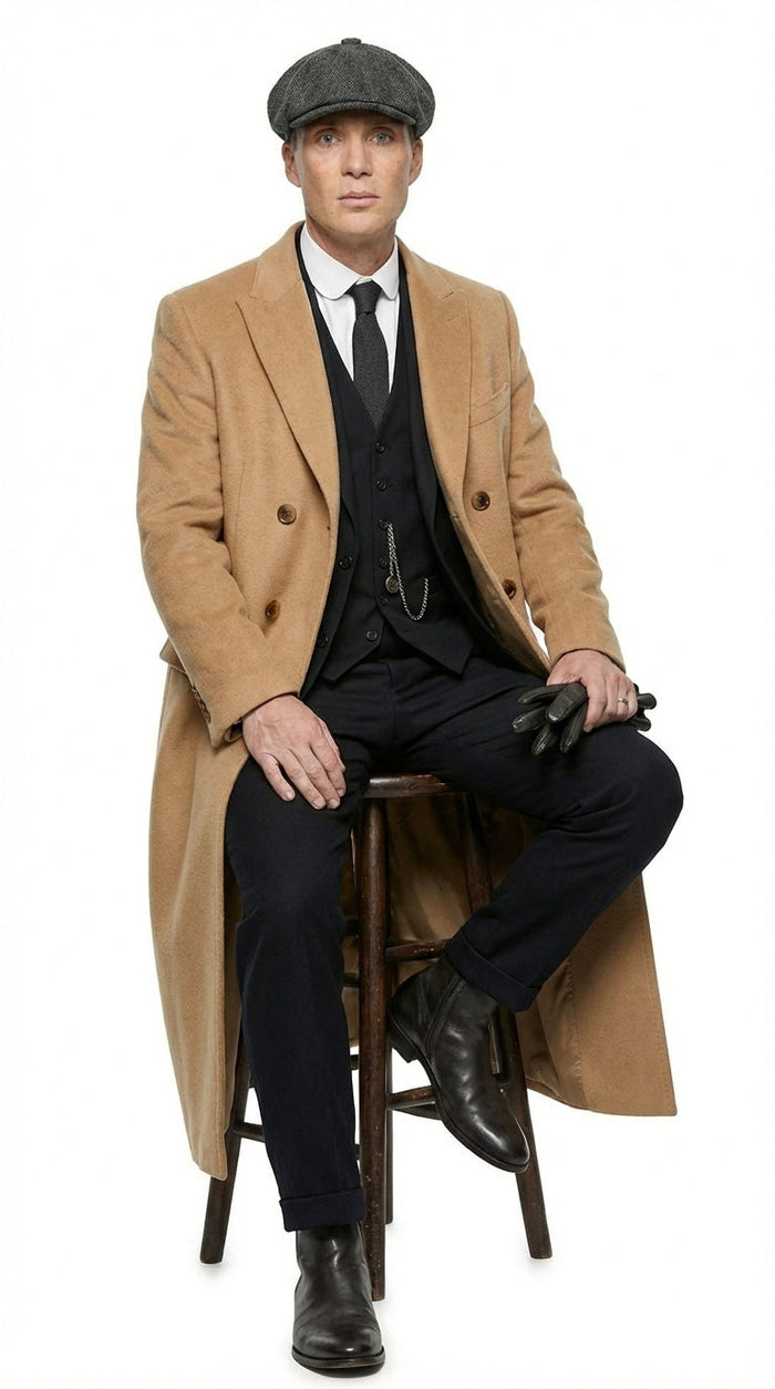 Mens Camel Brown Double Breasted Wool Overcoat + Suit – Peaky Blinders Inspired Vintage Long Trench Coat with Lapel Collar