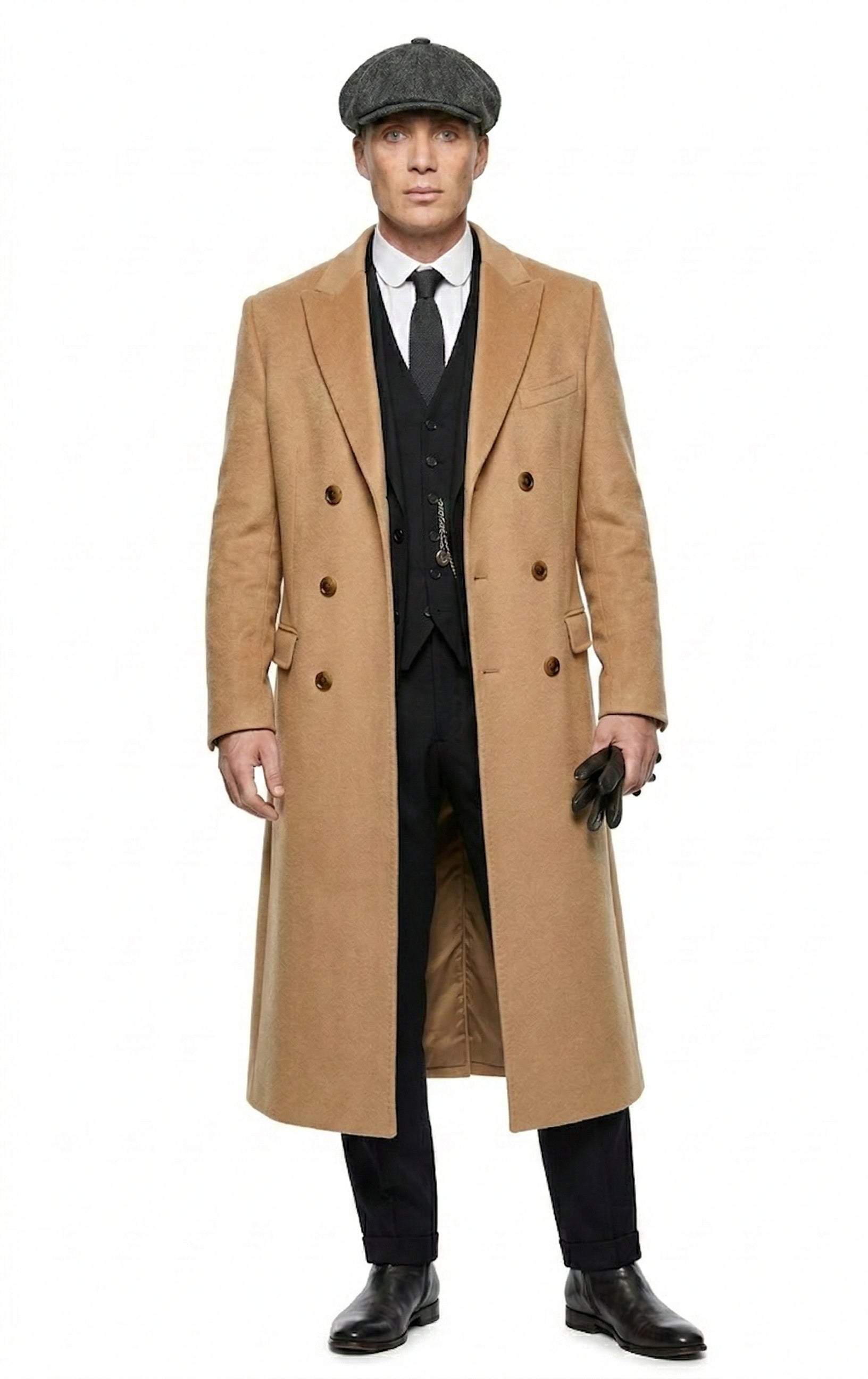 Mens Camel Brown Double Breasted Wool Overcoat + Suit – Peaky Blinders Inspired Vintage Long Trench Coat with Lapel Collar