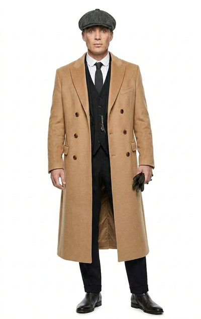 Mens Camel Brown Double Breasted Wool Overcoat + Suit – Peaky Blinders Inspired Vintage Long Trench Coat with Lapel Collar