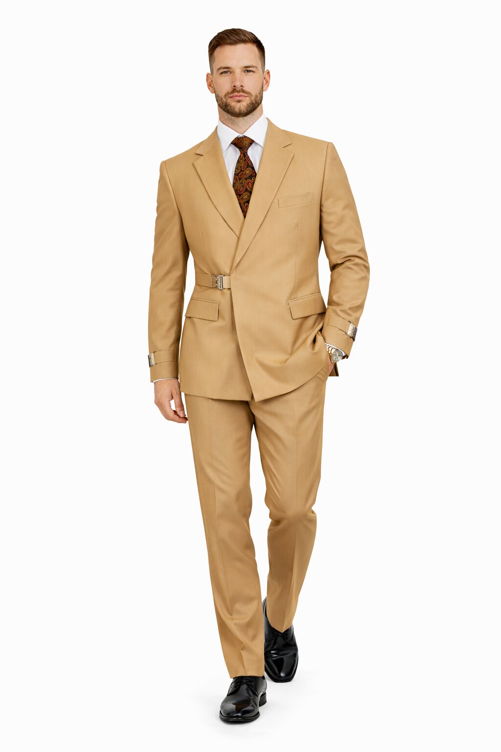 Men’s Camel Double Breasted Wool Suit with Metal Buckle Closure