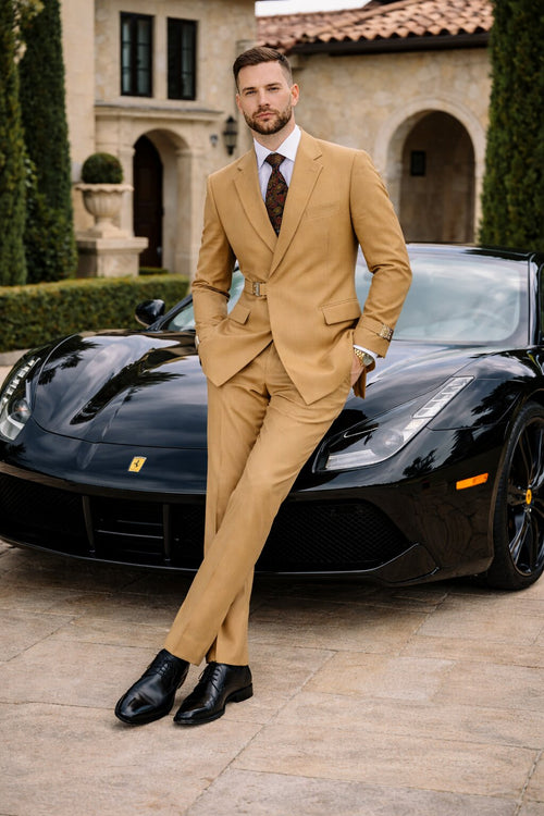 Men’s Camel Double Breasted Wool Suit with Metal Buckle Closure