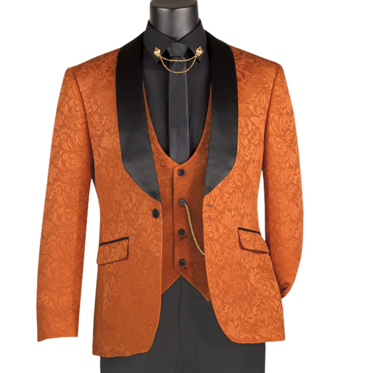 Men’s Designer Burnt Orange Floral Brocade Slim Fit Formal Tuxedo – SuitUSA