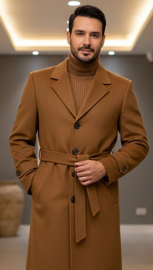 Men's Toasted Light Brown Full Length Belted Overcoat Porter USA Men's Outlet
