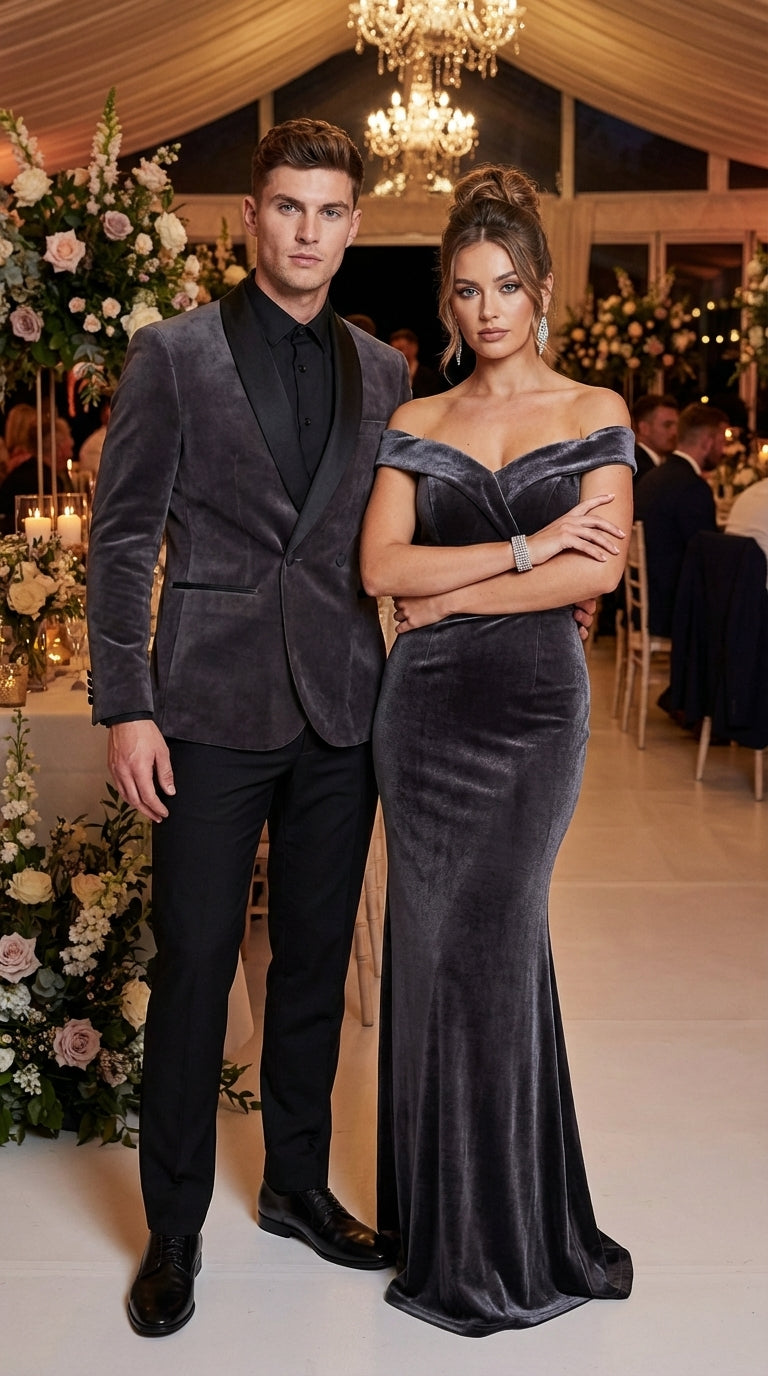 Mens Charcoal Gray Velvet Tuxedo Suit – Luxury Formal Wedding Suit with Black Shawl Lapel for Prom, Party Black Pants