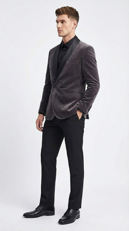 Mens Charcoal Gray Velvet Tuxedo Suit – Luxury Formal Wedding Suit with Black Shawl Lapel for Prom, Party Black Pants