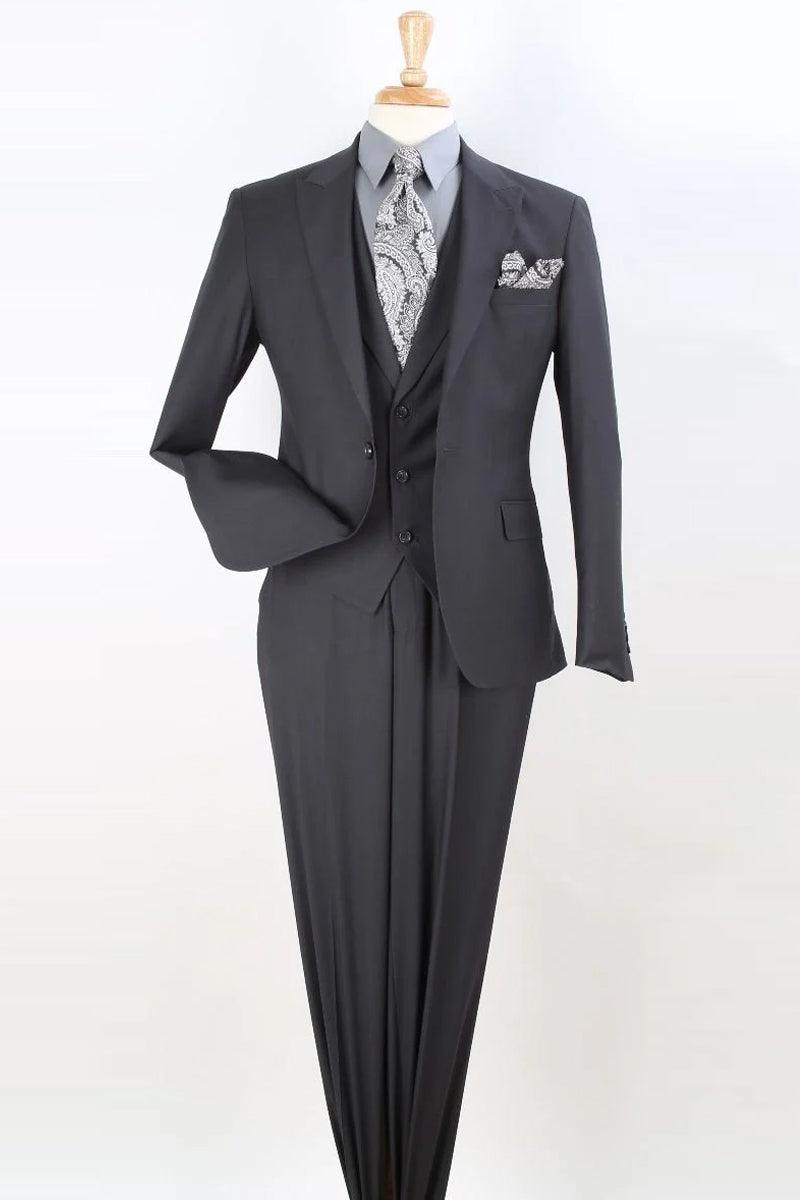 Mens Charcoal Grey Modern Fit 1-Btn Peak Lapel Vested Suit - Apollo King - Elegant Mensattire