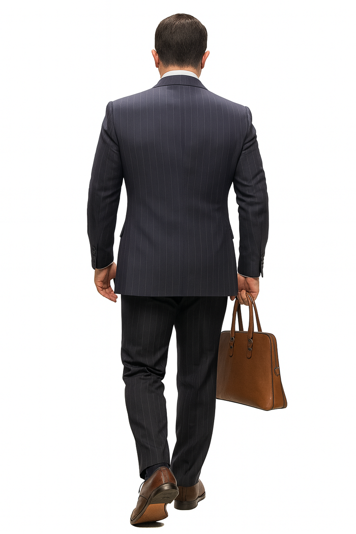 Statement Suits - Wool Suits - Peak Lapel Suits - Ticket Pocket - Modern Fit - Charcoal Stripe Suit by Men's Tuxedo USA