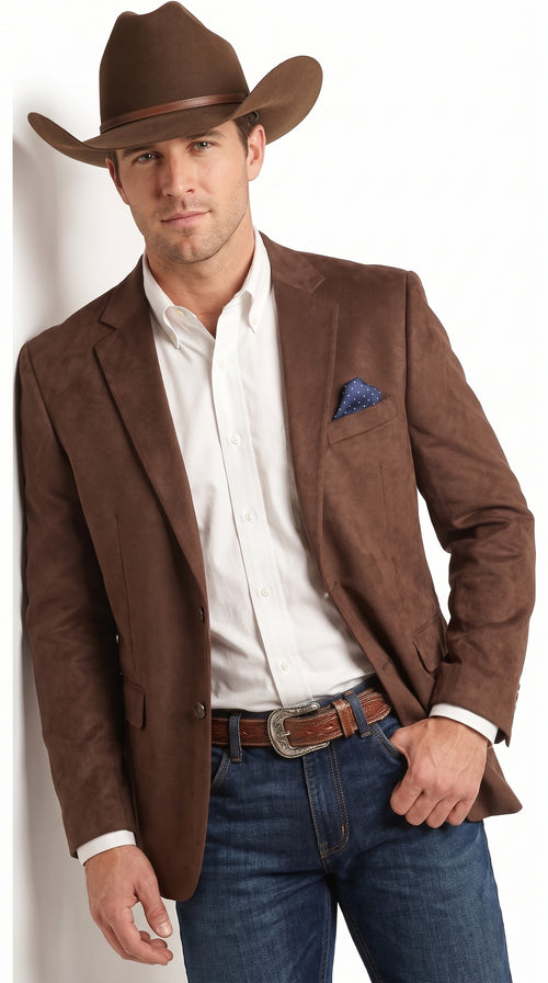 Mens Chocolate Brown Western Blazer – Cowboy Style Sport Coat Jacket Suede Fabric Two Buttons