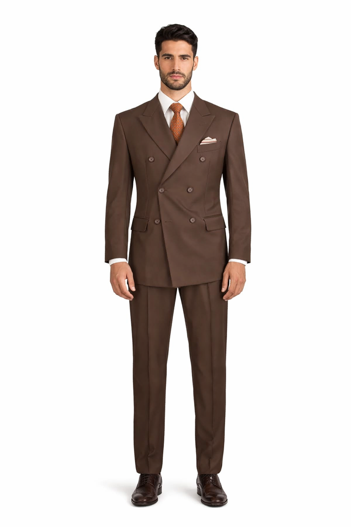 Mens Classic Double Breasted Poplin Brown Suit