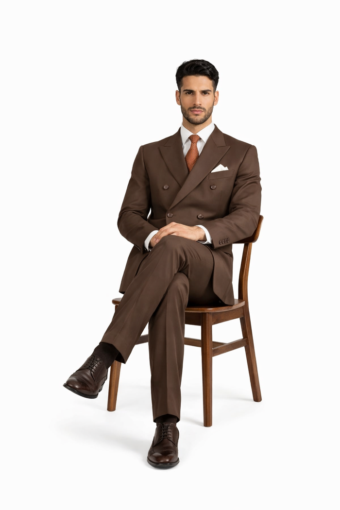 Mens Classic Double Breasted Poplin Brown Suit