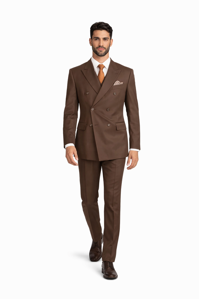 Mens Classic Double Breasted Poplin Brown Suit